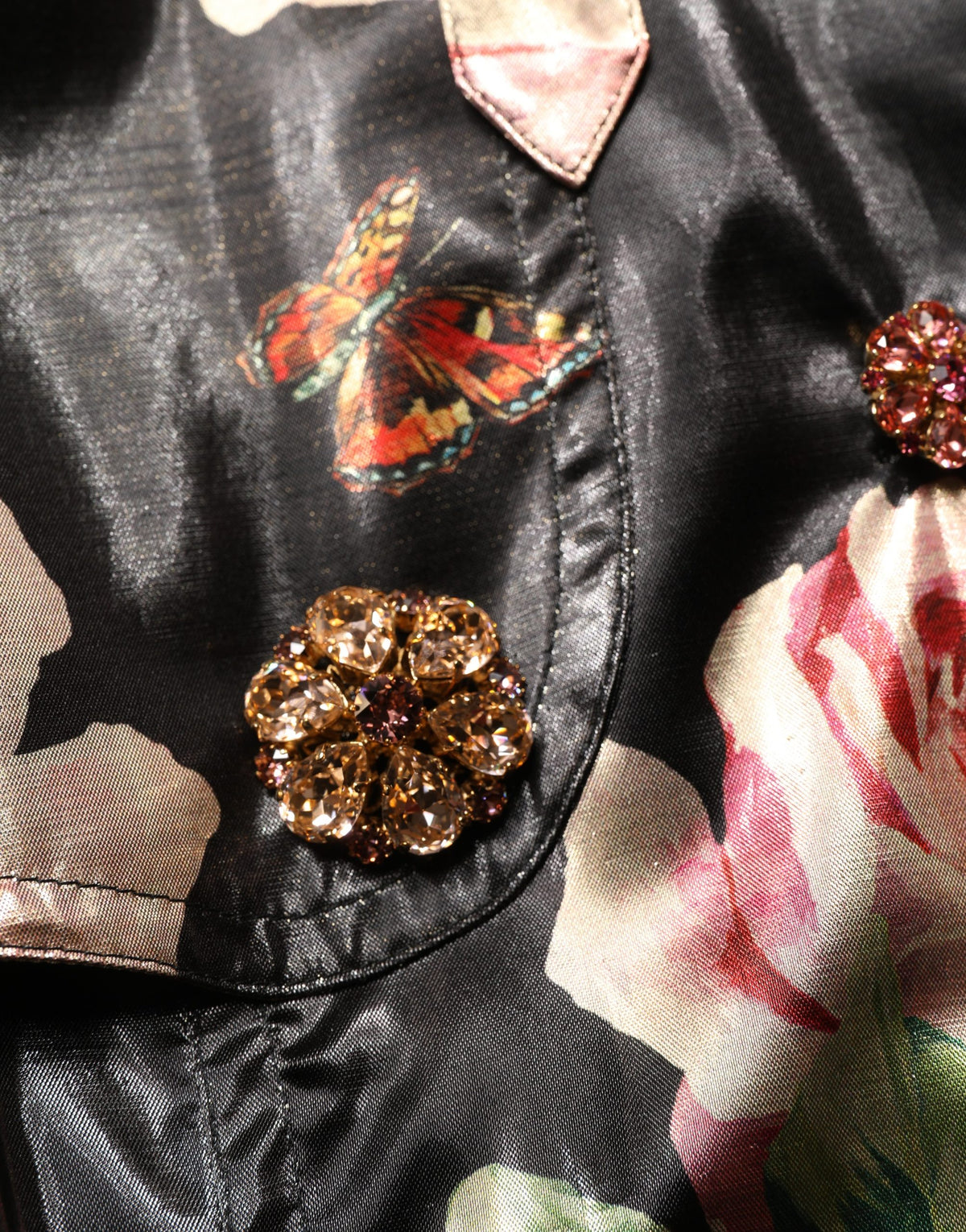 Black Floral Belted Polyester Trench Coat Jacket