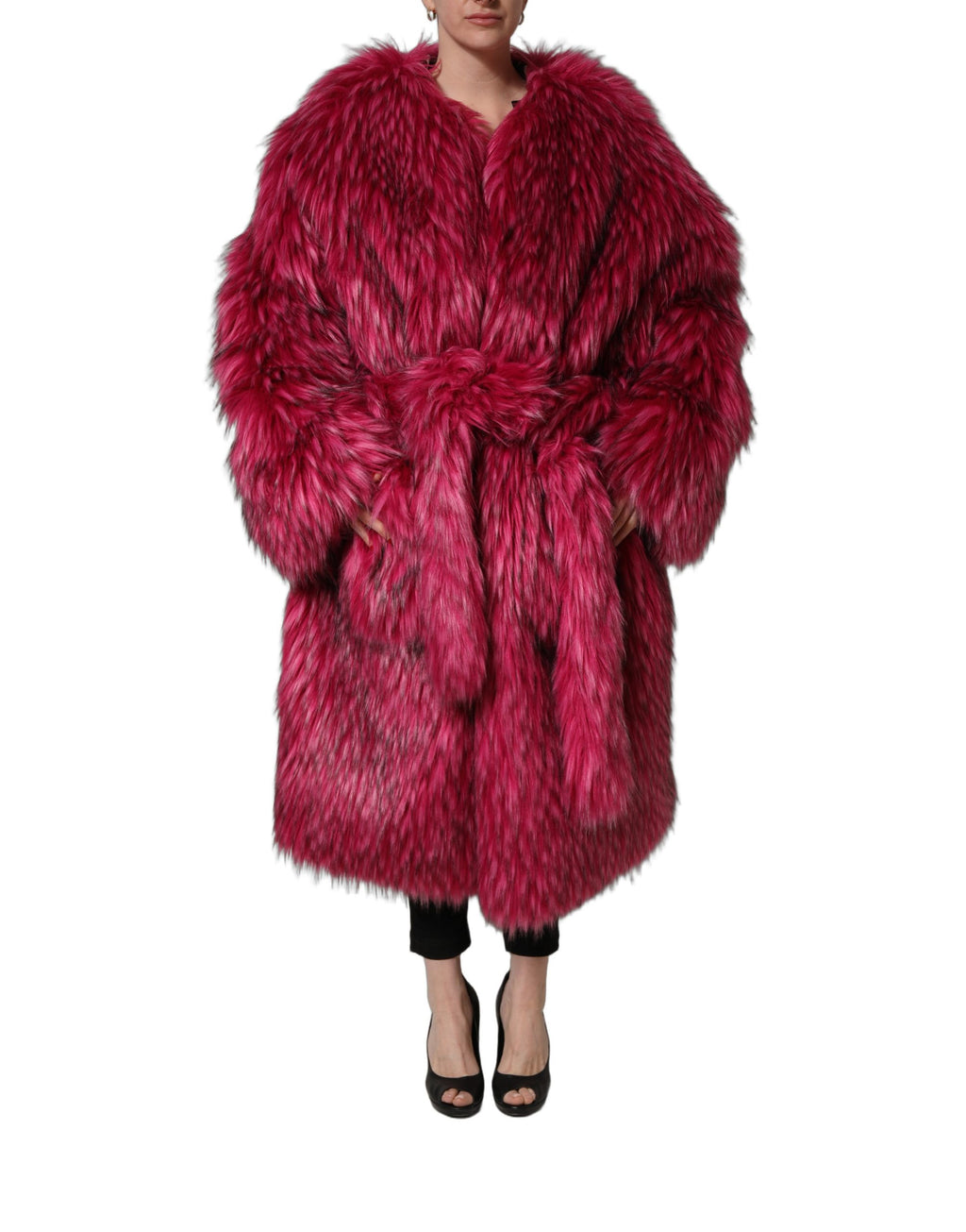 Fuchsia Belted Faux-Fur Trench Coat Jacket