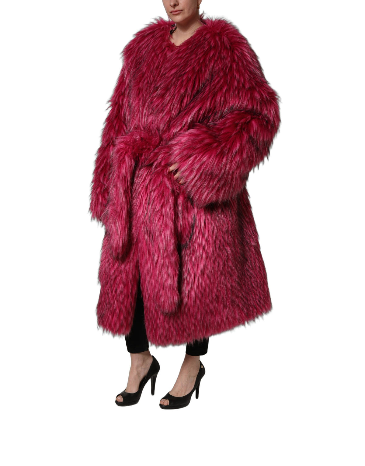 Fuchsia Belted Faux-Fur Trench Coat Jacket