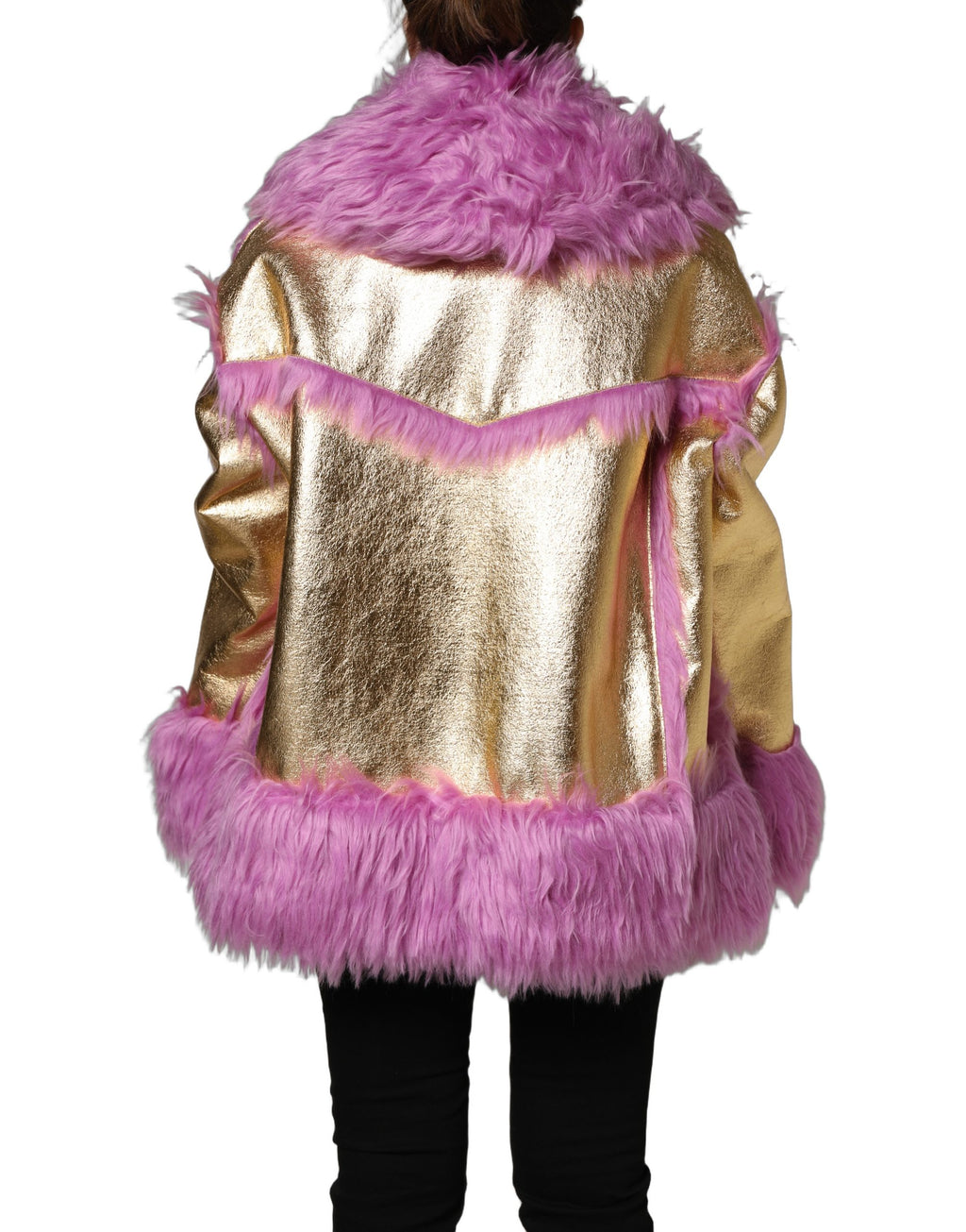 Pink Plush Faux Fur Gold Leather Coat Jacket
