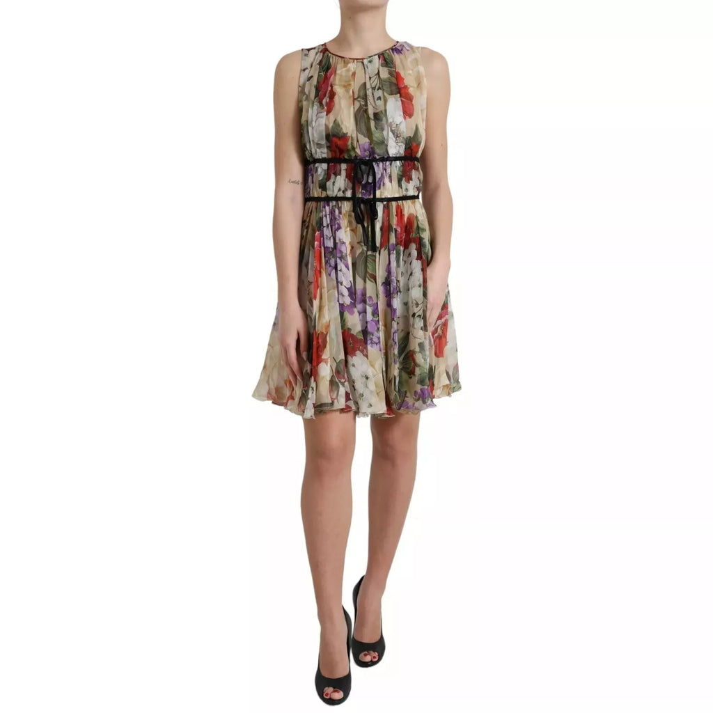 Beige Floral Sleeveless A-line Mini Dress