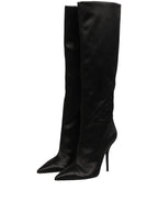 Black Satin Knee High Stiletto Boots Shoes