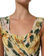 Yellow Floral Print Silk Pleated Maxi Dress