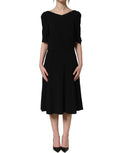 Black Viscose Short Sleeve A-line Midi Dress