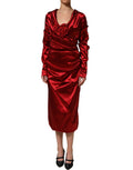 Red Silk Satin Draped Midi Floral Applique Dress