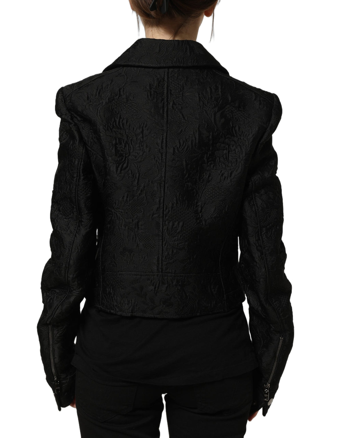 Black Floral Brocade Biker Blouson Jacket