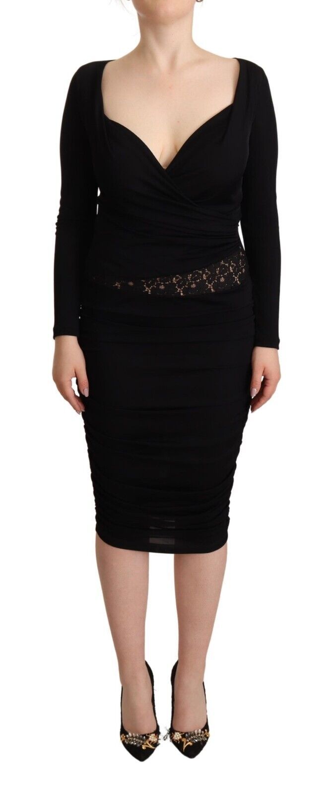 Black Long Sleeves Sweetheart Neck Midi Dress
