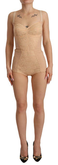 Beige Nylon Floral Lace Bodysuit Underwear