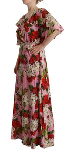 Pink Floral Silk Stretch Gown Maxi Dress