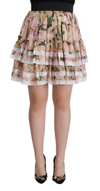 Pink Lily Print Silk Mini Tiered A-line Skirt