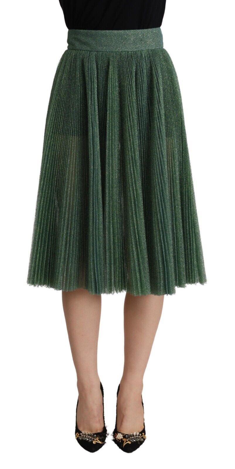 Metallic Green High Waist A-line Pleated Skirt