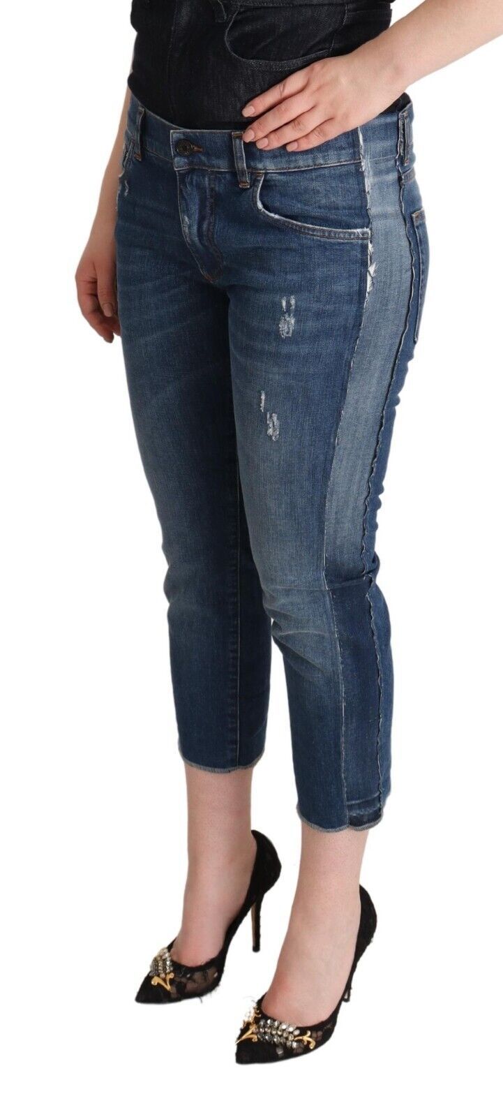 Blue Washed Mid Waist Denim Logo Cropped Jeans