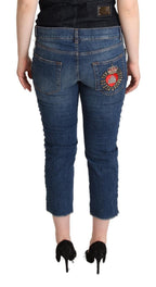 Blue Washed Mid Waist Denim Logo Cropped Jeans