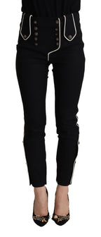 Black Mid Waist Button Embellished Slim Fit Pants