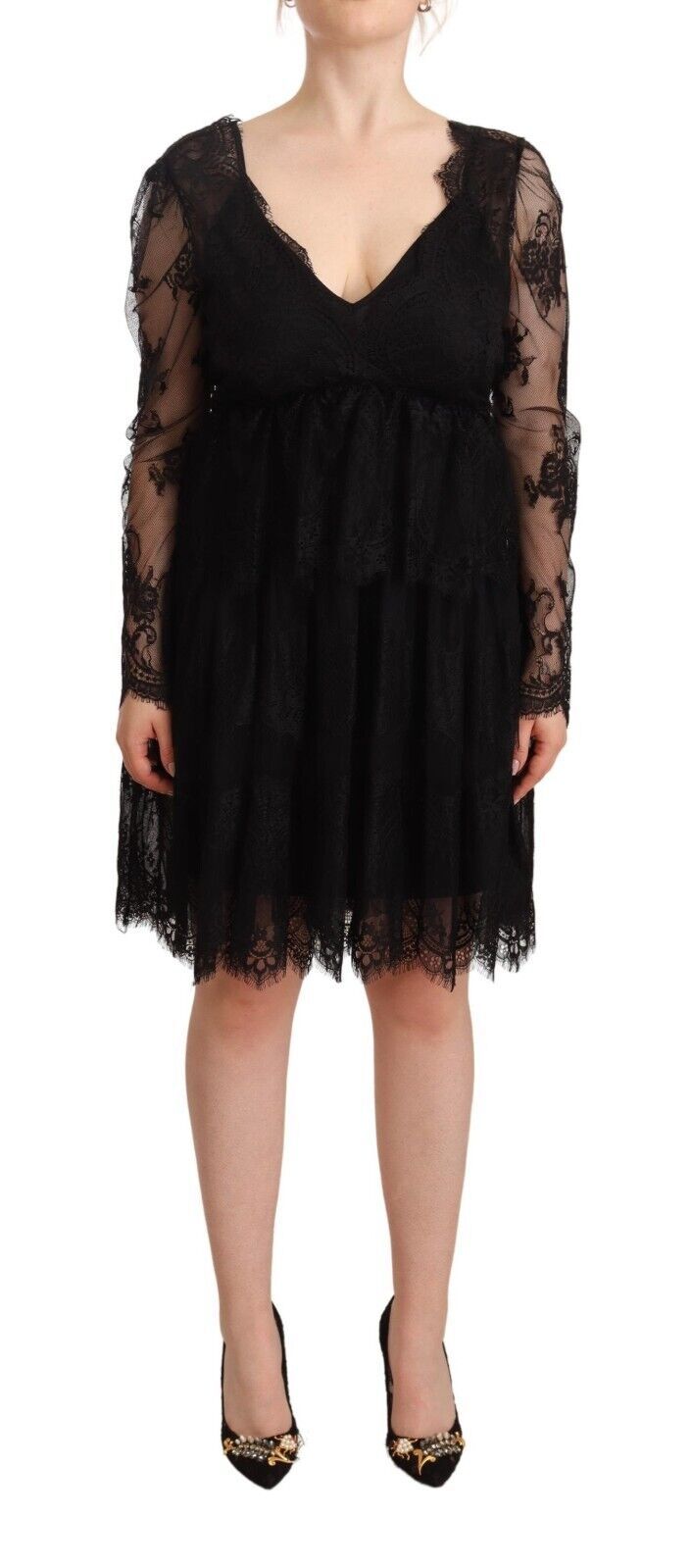 Black Floral Lace Cotton Long Sleeves V-neck Shift Dress