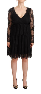 Black Floral Lace Cotton Long Sleeves V-neck Shift Dress