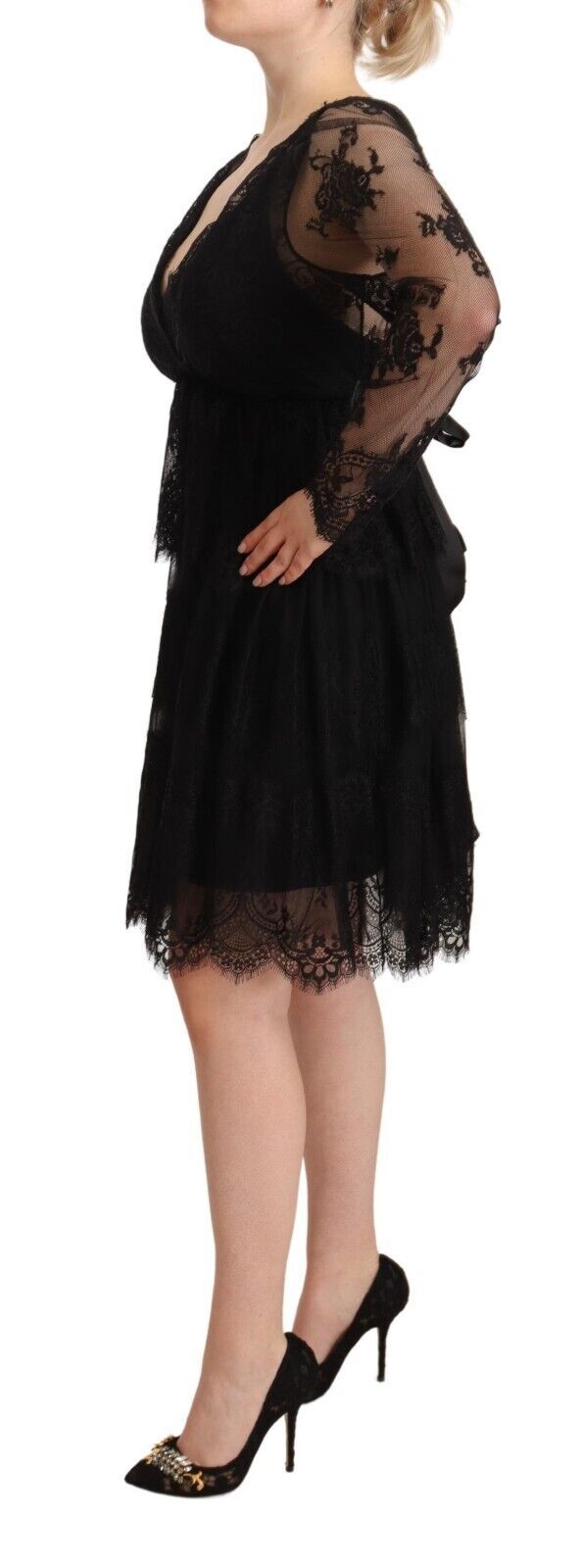 Black Floral Lace Cotton Long Sleeves V-neck Shift Dress