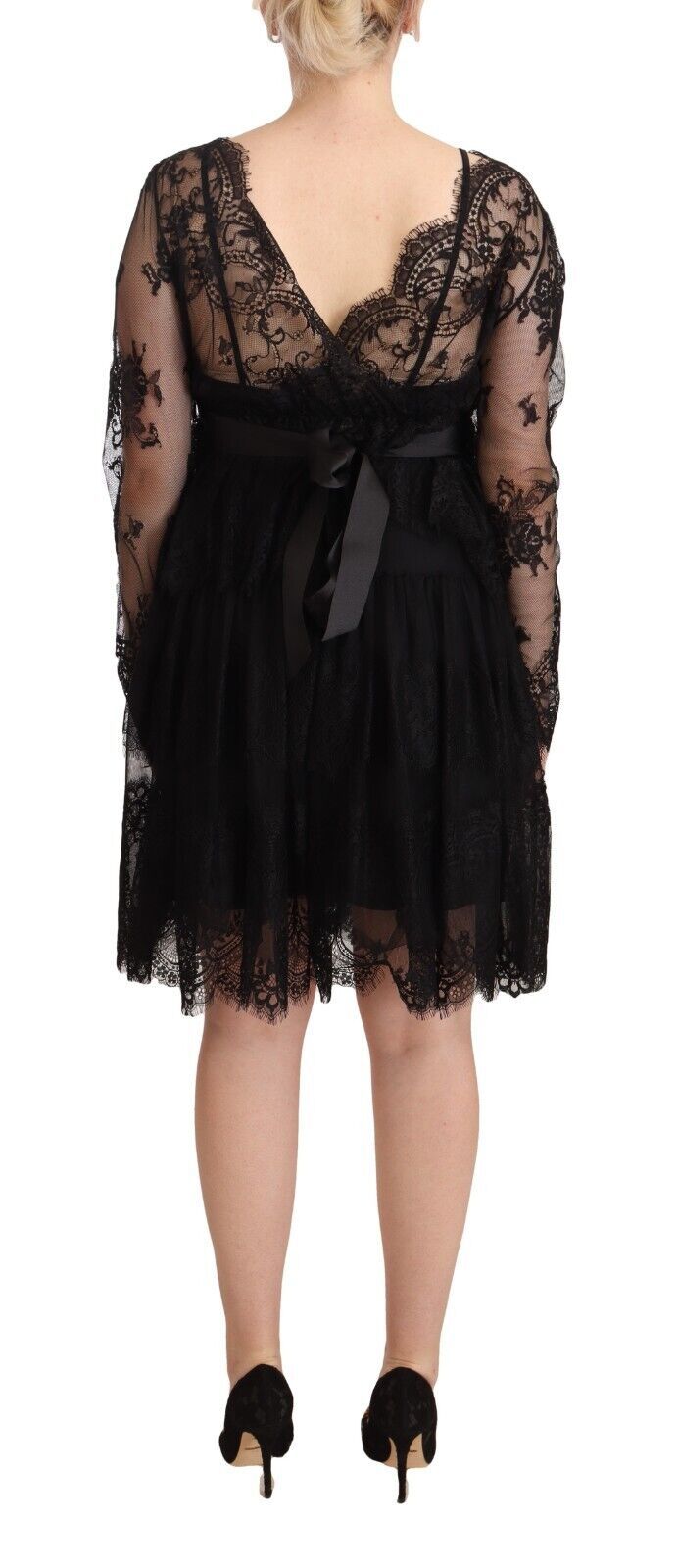 Black Floral Lace Cotton Long Sleeves V-neck Shift Dress