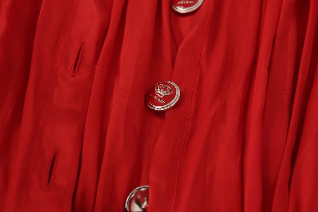 Red Button Down Belted Midi Satin Silk Dress