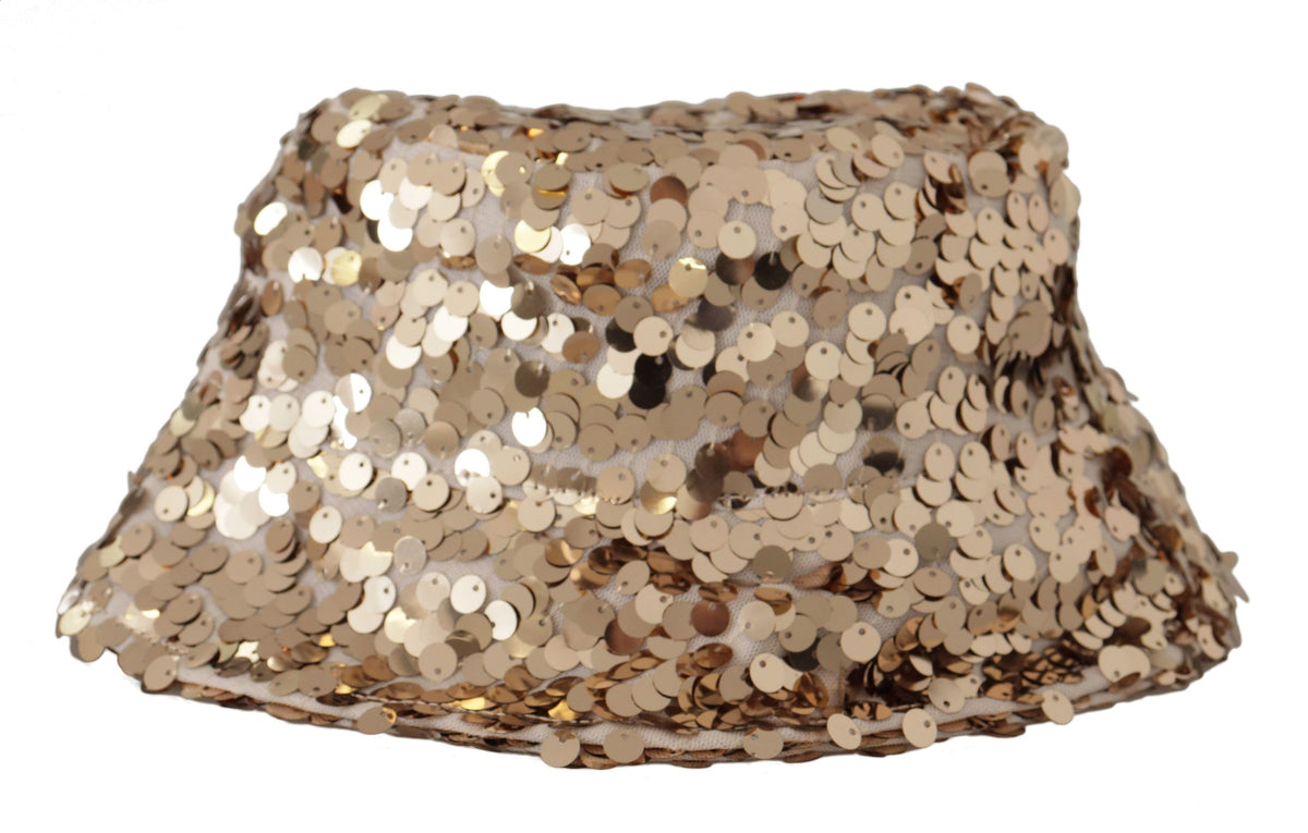 Gold Silk Sequin Embellished Designer Brim Bucket Hat
