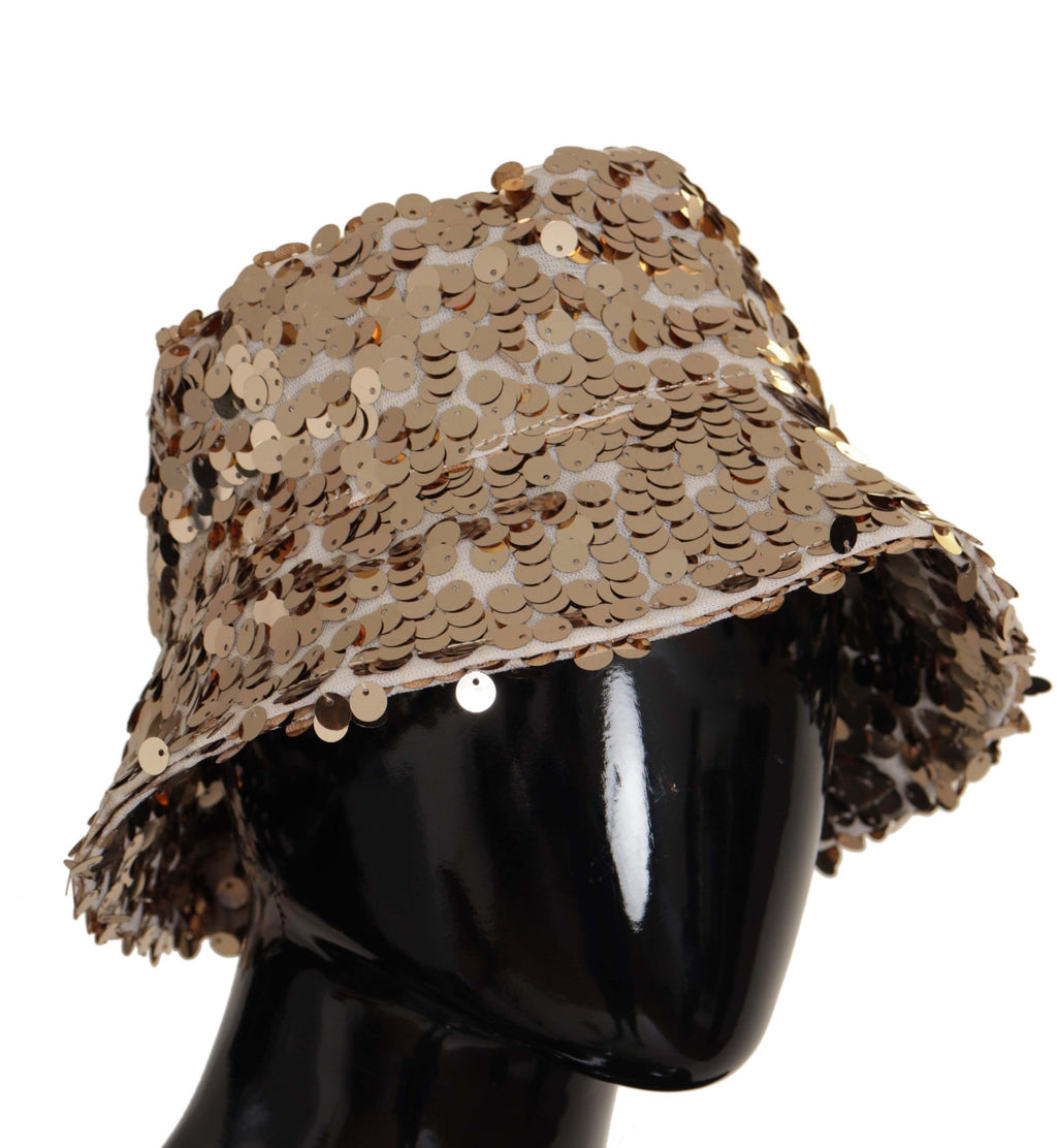 Gold Silk Sequin Embellished Designer Brim Bucket Hat