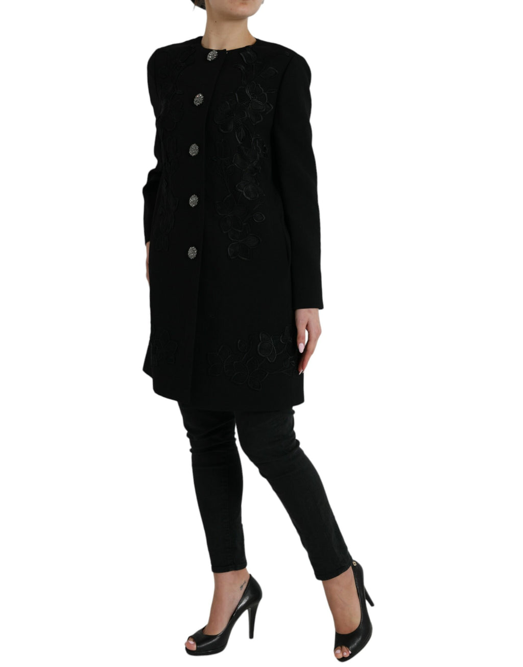 Black Floral Wool Button Embellished Jacket