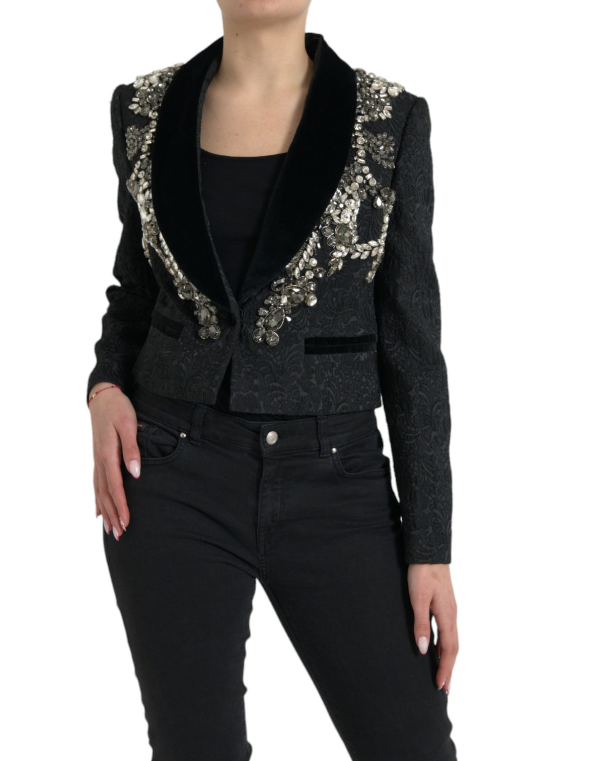 Black Crystal Embellished Overcoat Jacket