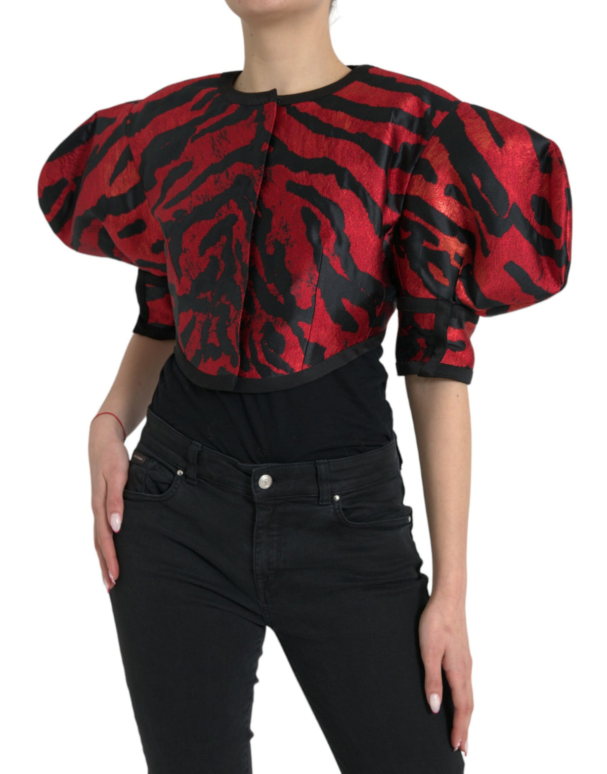 Black Red Patterned Cropped Coat Jacket