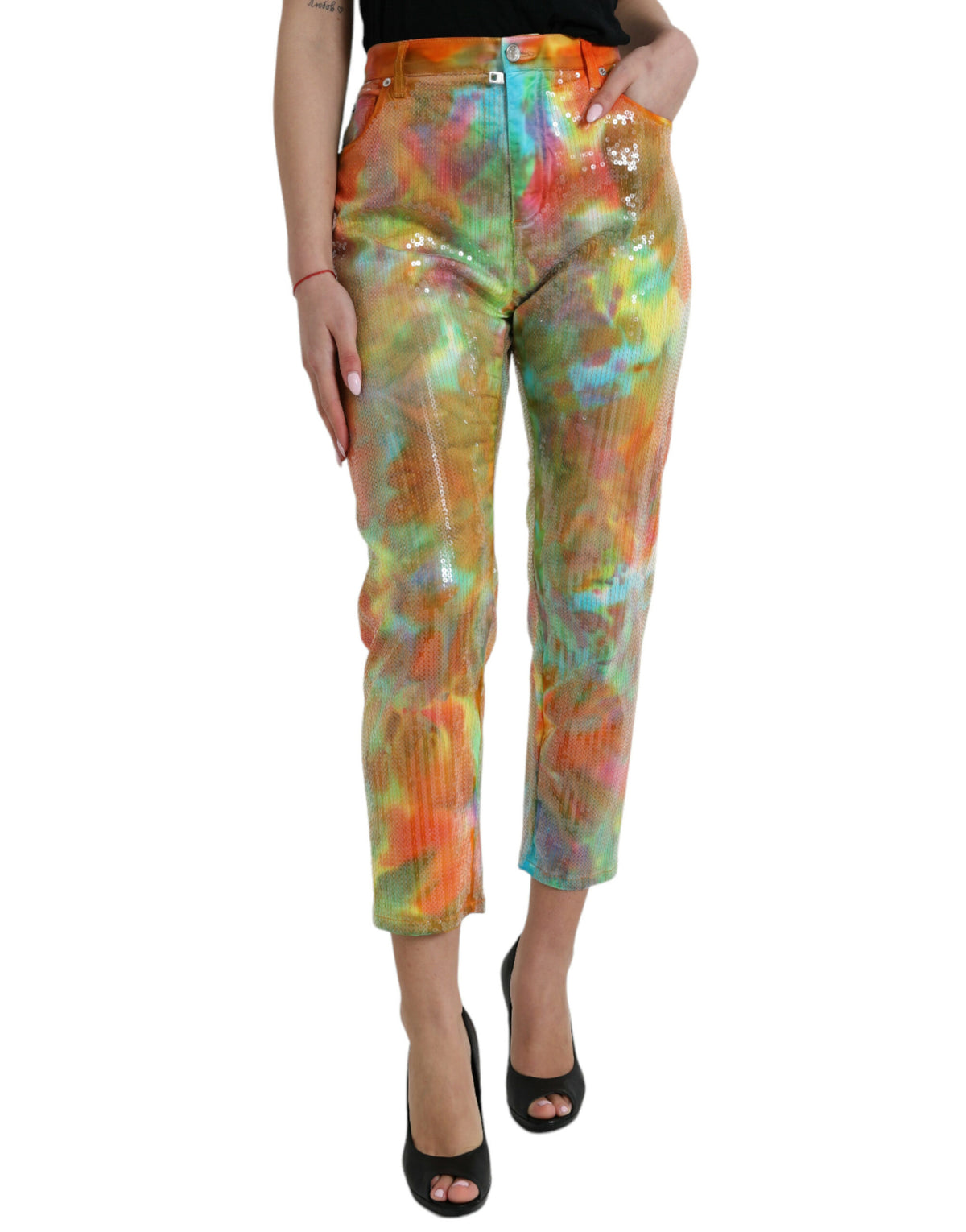 Multicolor Tie Dye Sequined High Waist Cropped Pants