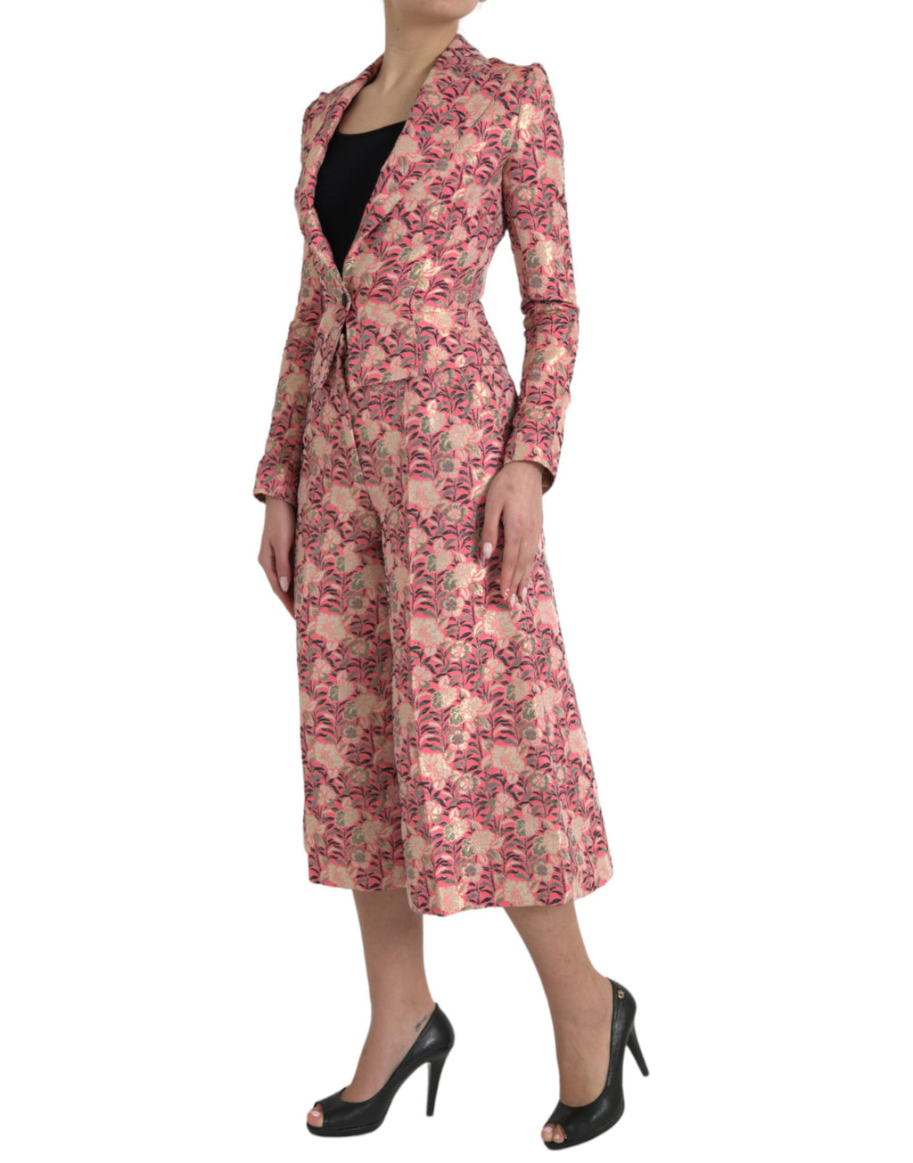 Pink Floral Jacquard Slim Fit 2 Piece Suit