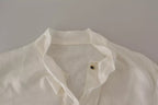 White Patterned Silk Ascot Collar Blouse Top