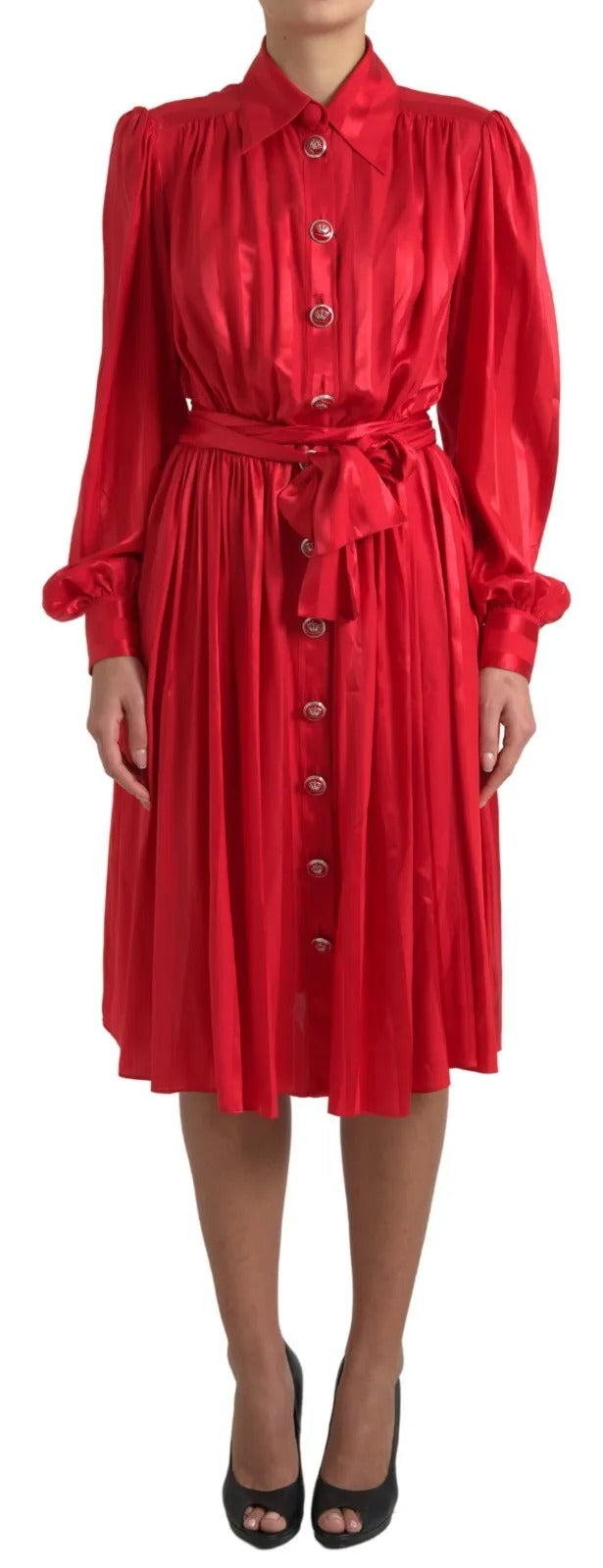 Red Button Down Belted Midi Satin Silk Dress