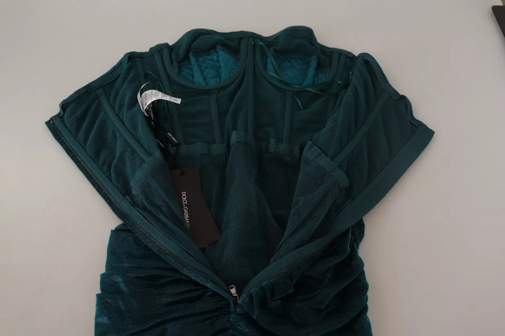 Turquoise Bustier Bodice Draped Midi Dress.