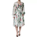White Silk Floral Print A-line Midi Dress