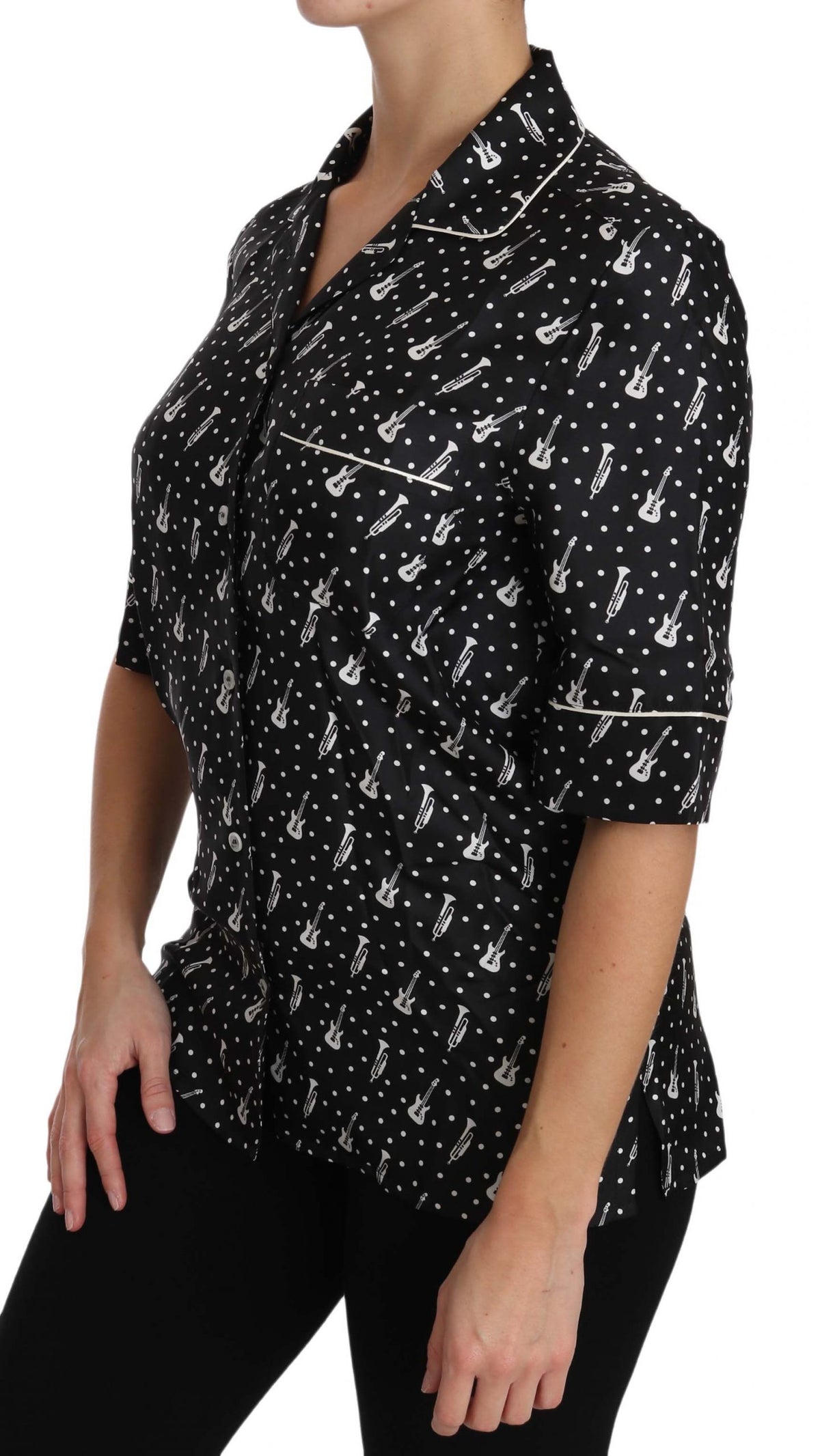 Black GuitarTrumpet Print Silk Shirt Top