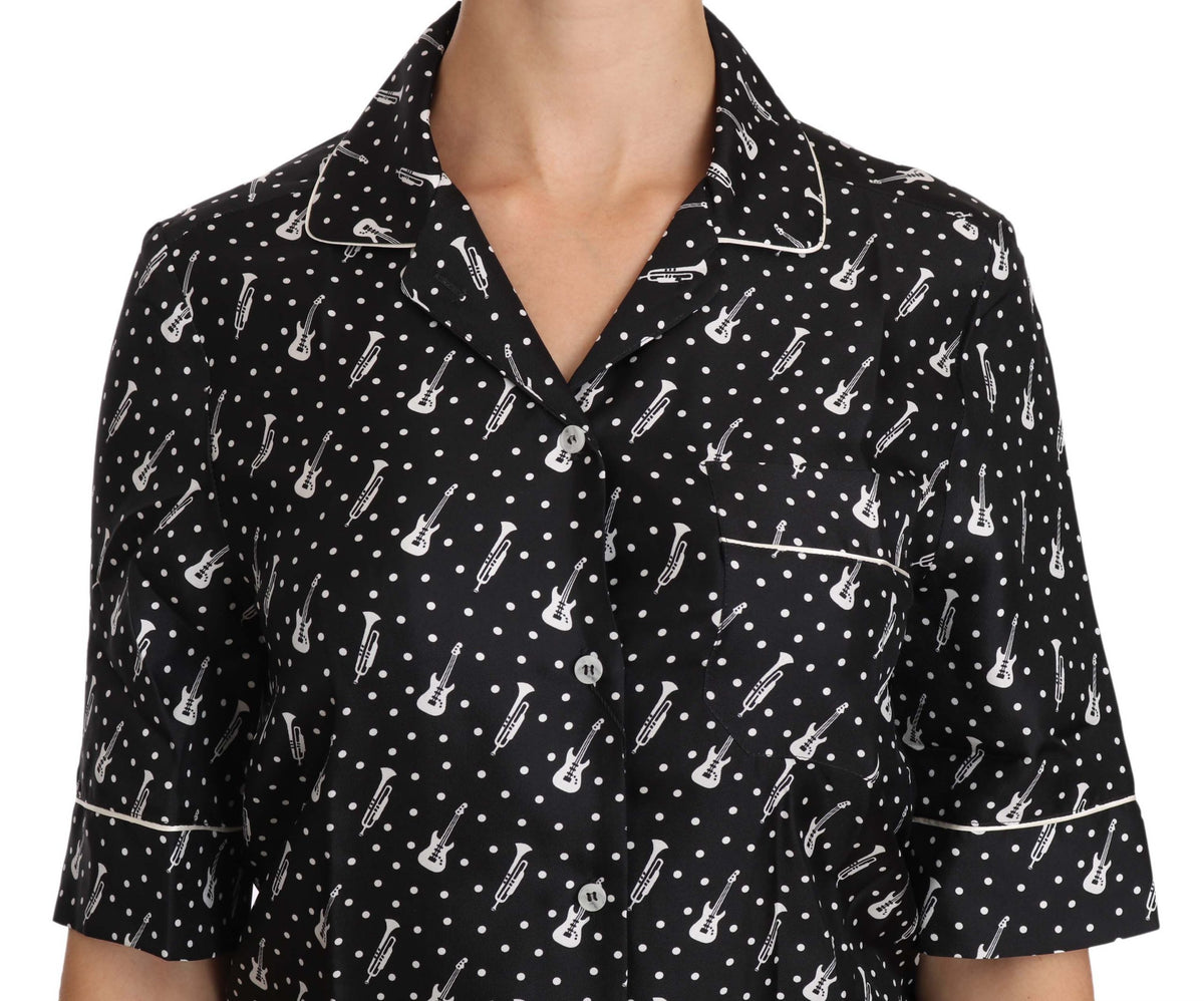 Black GuitarTrumpet Print Silk Shirt Top