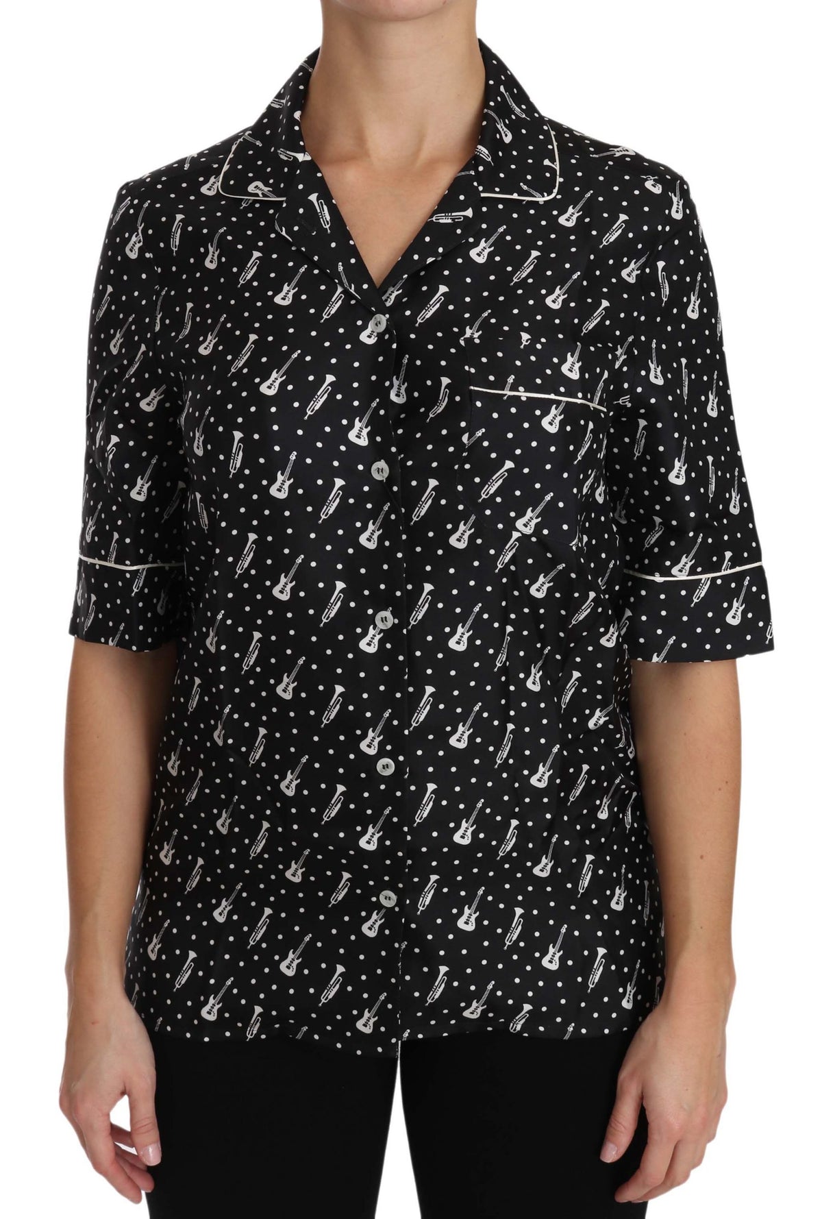 Black GuitarTrumpet Print Silk Shirt Top