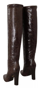 Brown Exotic Leather Heels High Boots Shoes