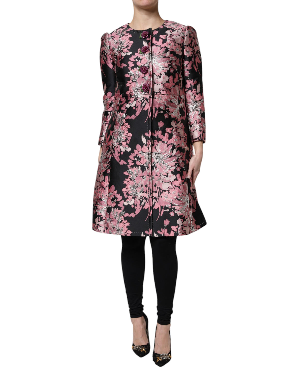 Pink Black Floral Brocade Trenchcoat Jacket