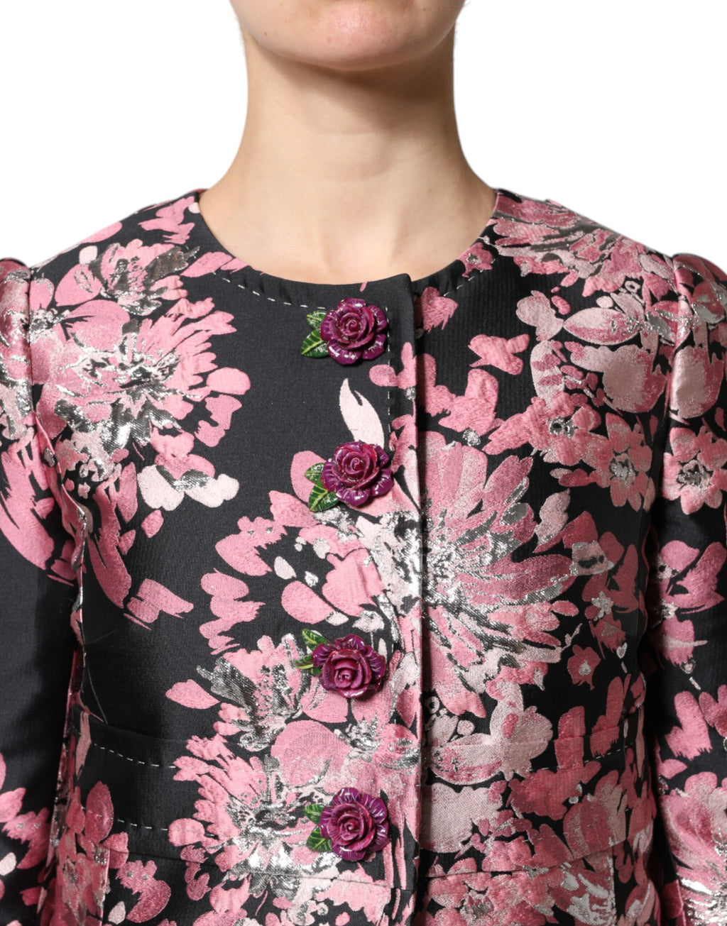 Pink Black Floral Brocade Trenchcoat Jacket