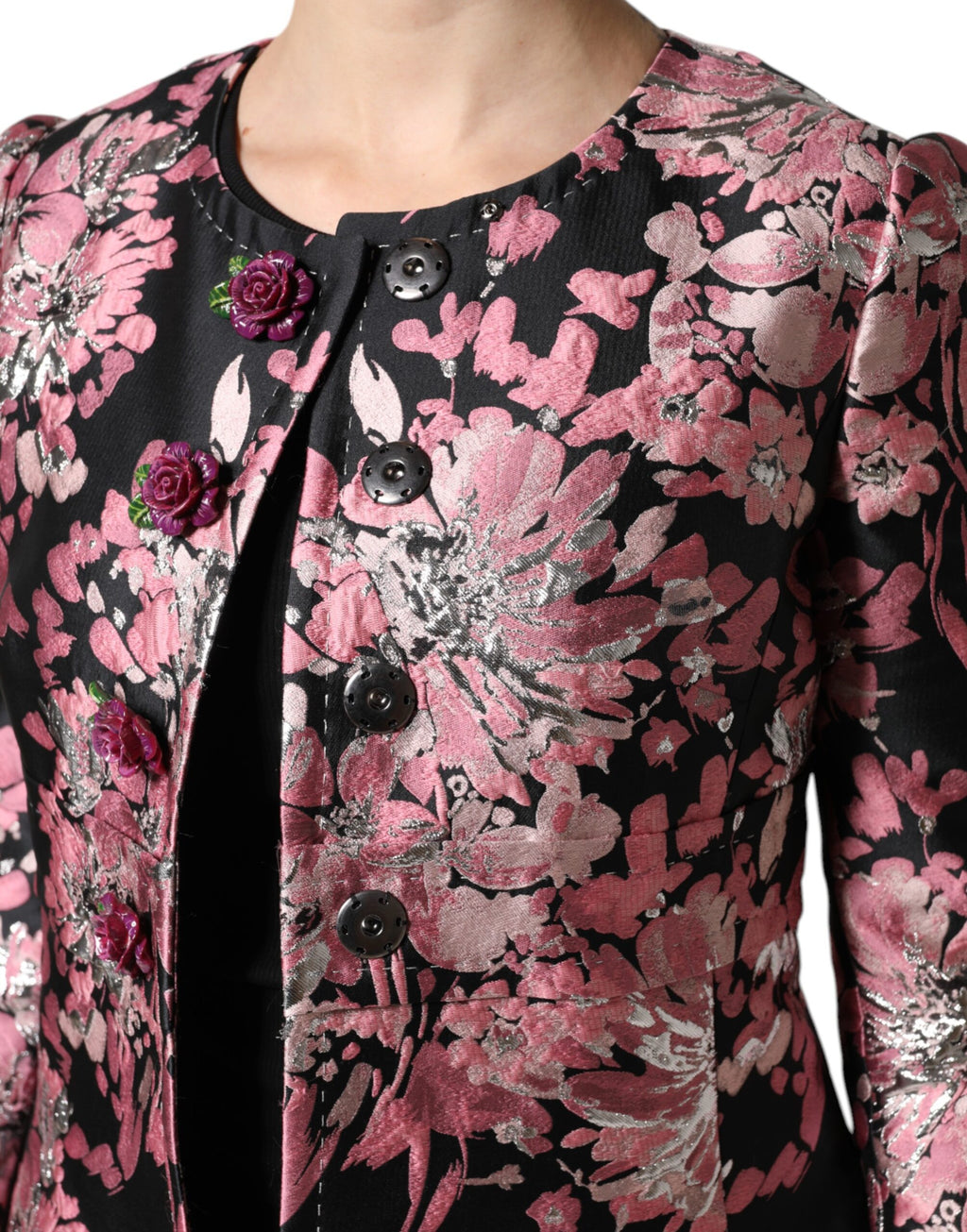 Pink Black Floral Brocade Trenchcoat Jacket