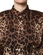 Brown Leopard Silk Button Down Coat Jacket