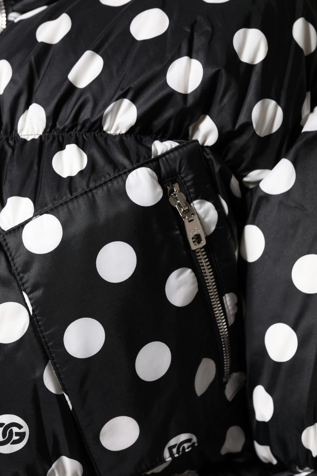 Black White Polka Dot Full Zip Puffer Jacket