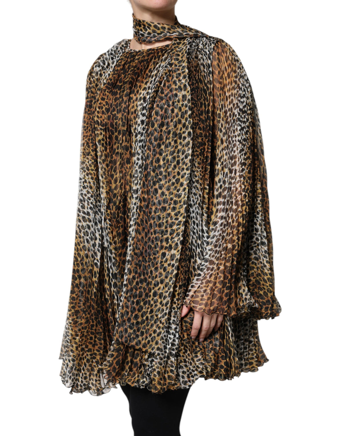 Brown Leopard Print Scarf Collared Chiffon Dress