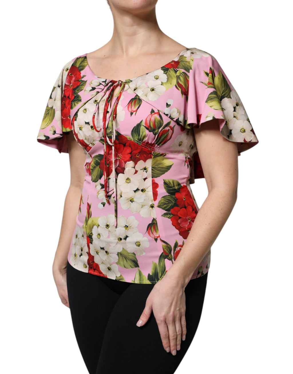 Pink Floral Silk Short Sleeves Blouse Top