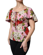Pink Floral Silk Short Sleeves Blouse Top