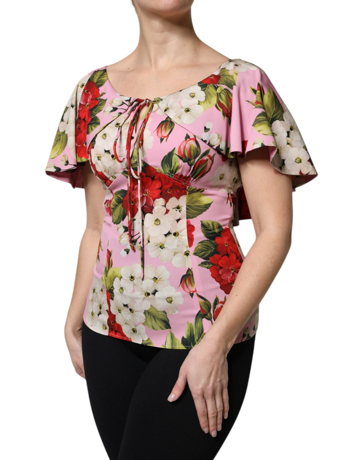 Pink Floral Silk Short Sleeves Blouse Top