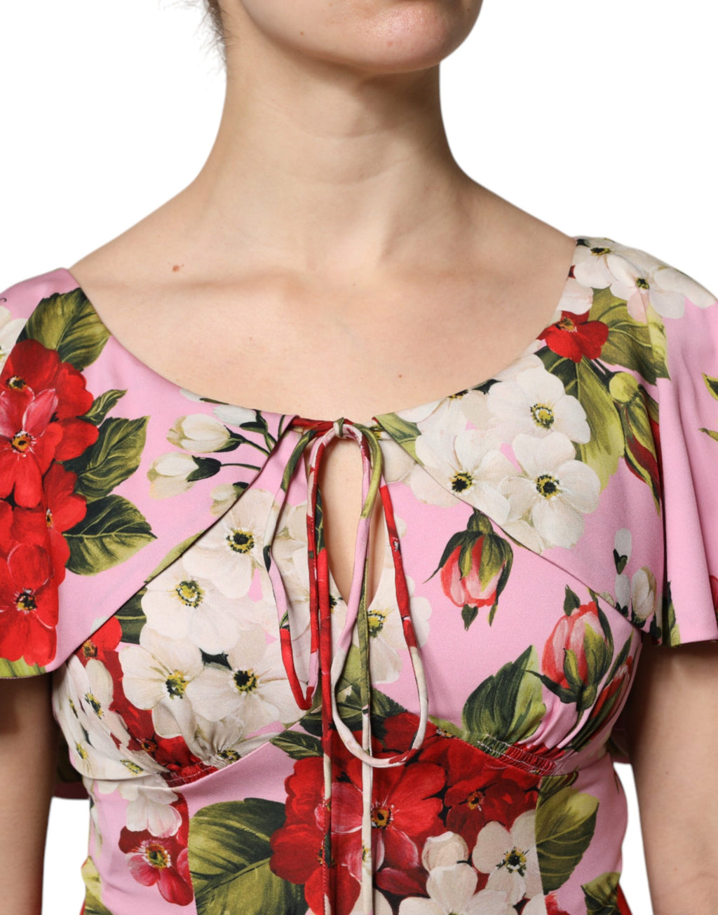 Pink Floral Silk Short Sleeves Blouse Top