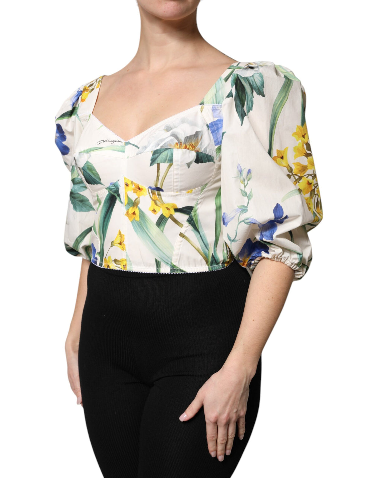 White Floral Puff Sleeves Crop Blouse Top
