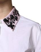 White Embellished Collared Dress Shirt Top
